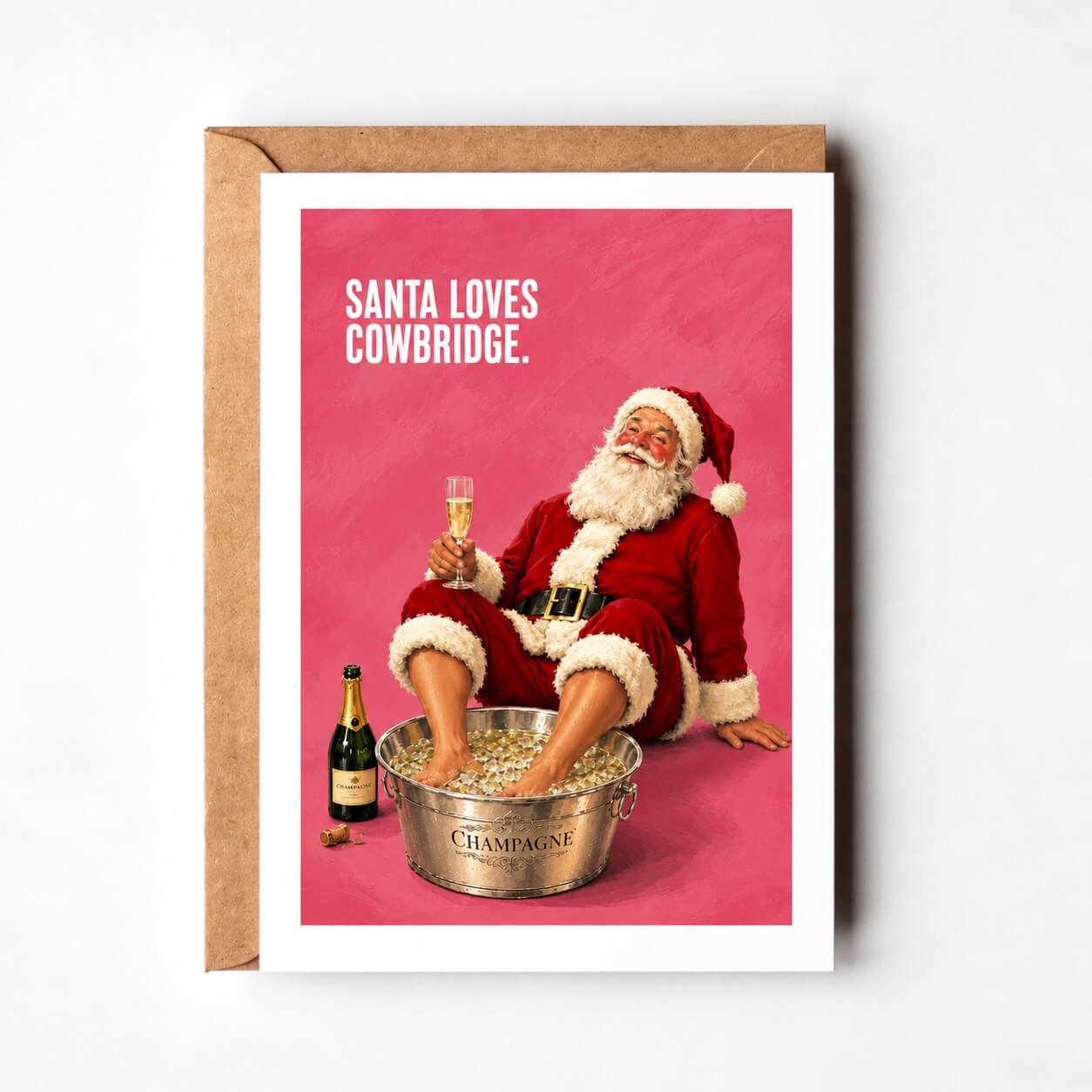 Champagne Santa Cowbridge Christmas Card