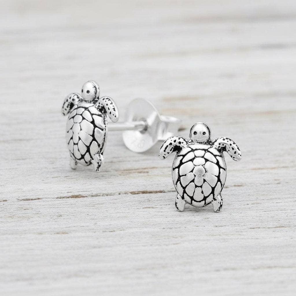 Turtle Studs Sterling Silver Earrings Gift Box Set - White